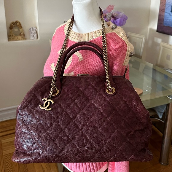 Chanel burgundy red glazed caviar frame shiva tote bag W aged gold hardware - Picture 14 of 16